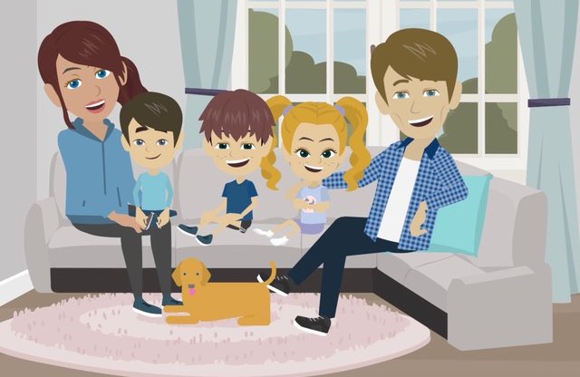 Illustration of a family with children and a new dog for the Cooper and Kids puppy program for families.
