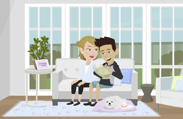 Illustration of a couple on a couch holding their newborn baby, with a happy dog lying at their feet for the Cooper and Kids dog and baby training program.