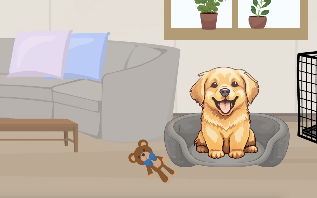 Illustration of a happy golden retriever puppy in a dog bed next to a crate for the Cooper and Kids puppy training program.