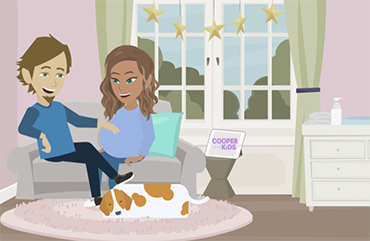 Illustration of a pregnant couple on a couch, with a happy dog lying at their feet for the Cooper and Kids baby preparation training program.