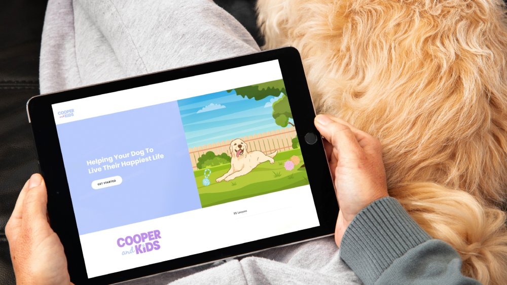 Close up of hands holding a tablet alongside a fluffy dog, displaying the Cooper and Kids online program, Helping Your Dog To Live Their Happiest Life.