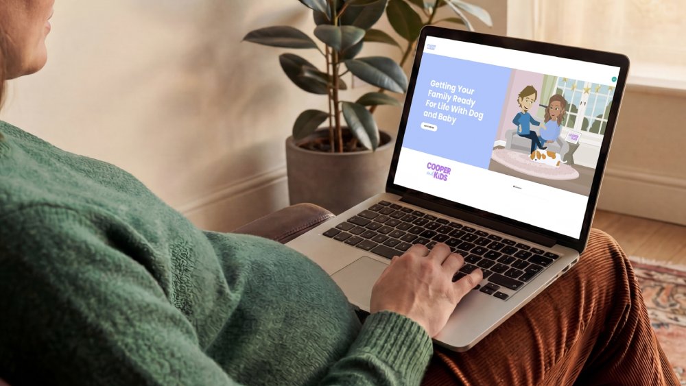 Over the shoulder view of a pregnant woman using a laptop to view the Cooper and Kids online program, Getting Your Family Ready For Life With Dog and Baby.